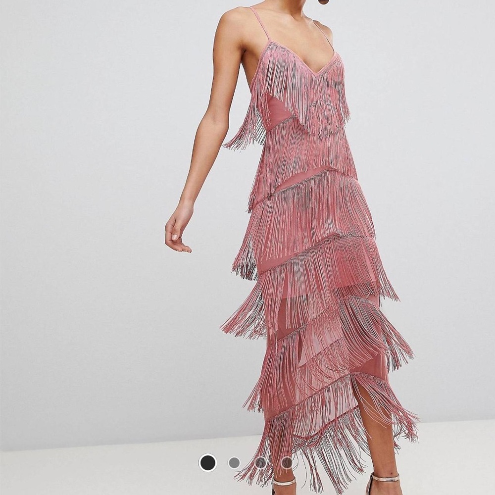 NWT ASOS Pink Tall Fringe Tassel Mesh Strappy Maxi Bodycon Dress
